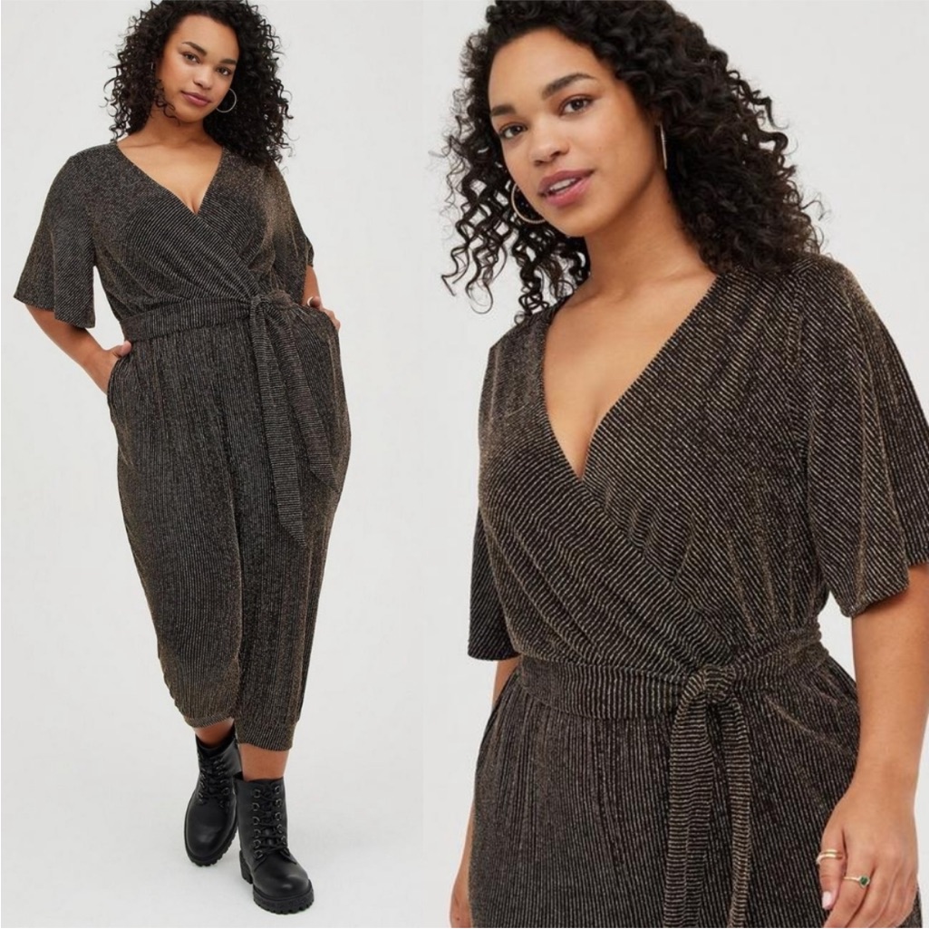Torrid Black Jumpsuit With Gold Metallic Stripes